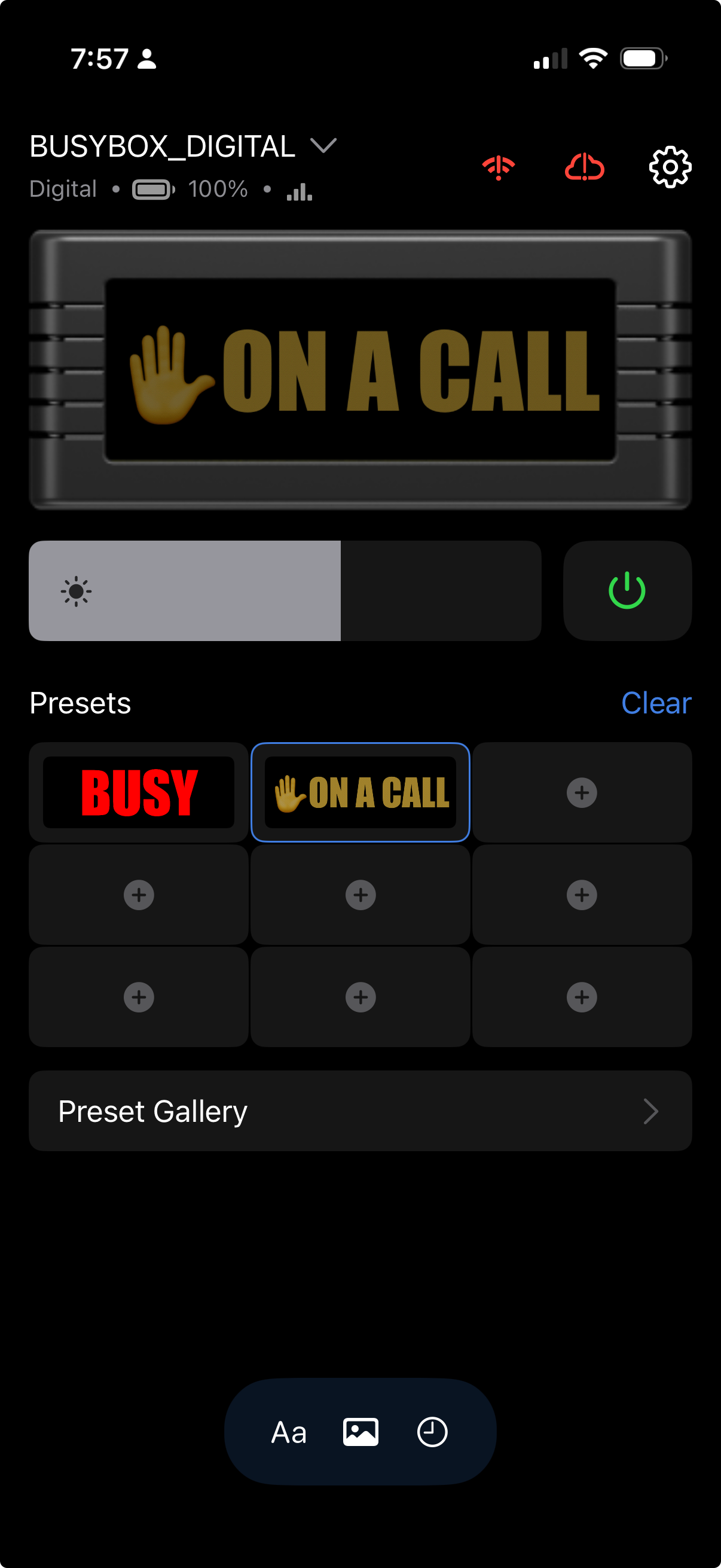 BusyBox D Presets screen. The picture upload icon is in the bottom toolbar, between Aa and the clock.