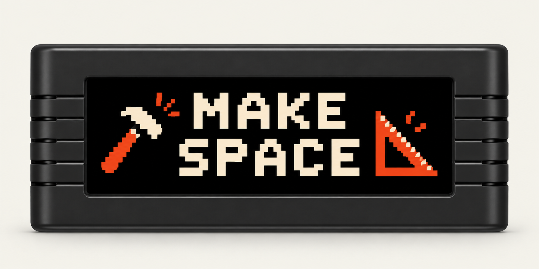 BusyBox D displaying MAKE SPACE pixel art with a hammer and triangular ruler
