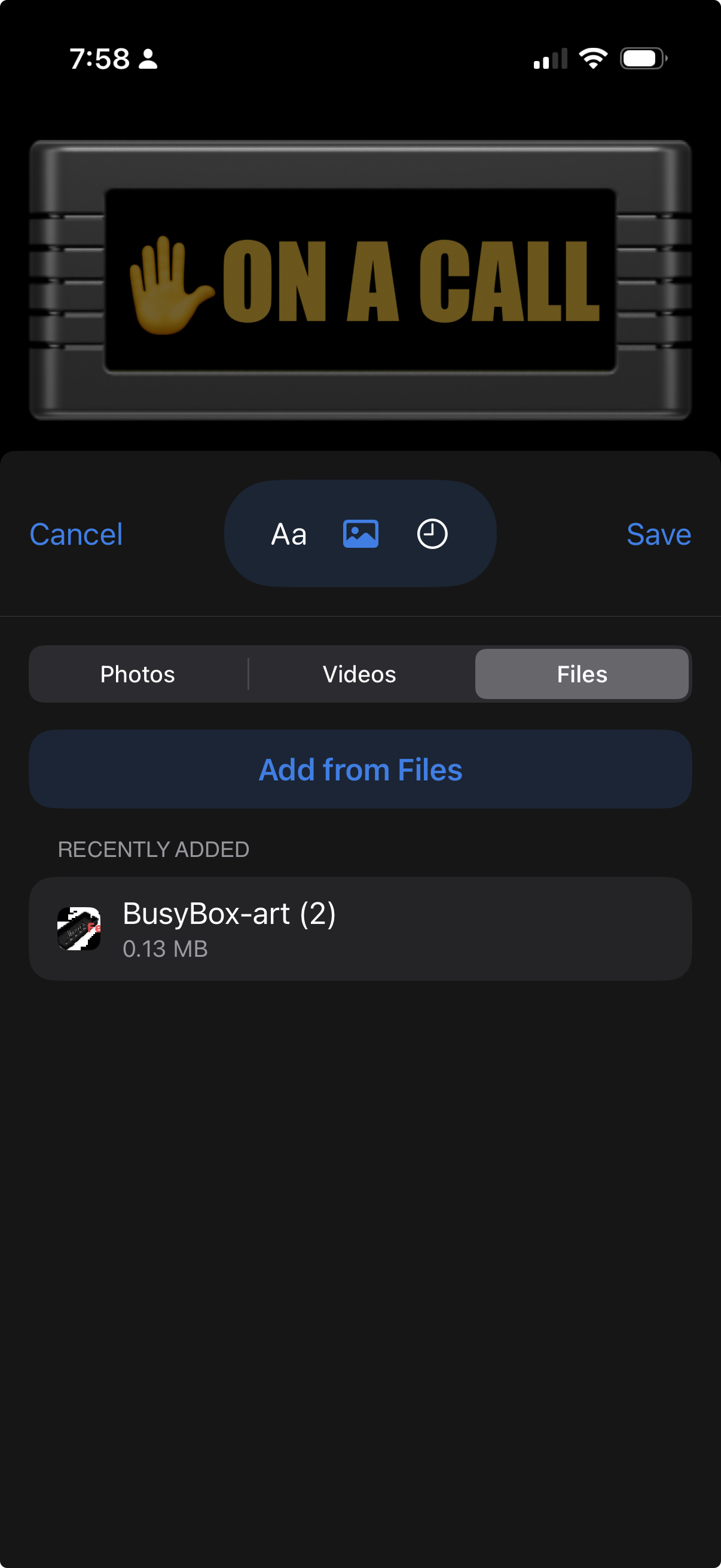 BusyBox image upload screen showing the Files tab, Add from Files button, and Save at the upper right.